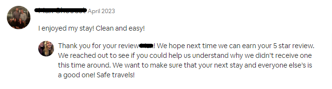 screenshot showing our public response to a 4-star Airbnb review