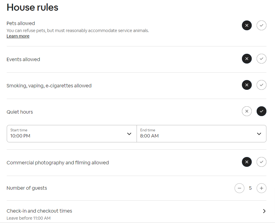 screenshot of the default Airbnb house rules