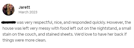 negative review about an Airbnb guest who left our place a mess