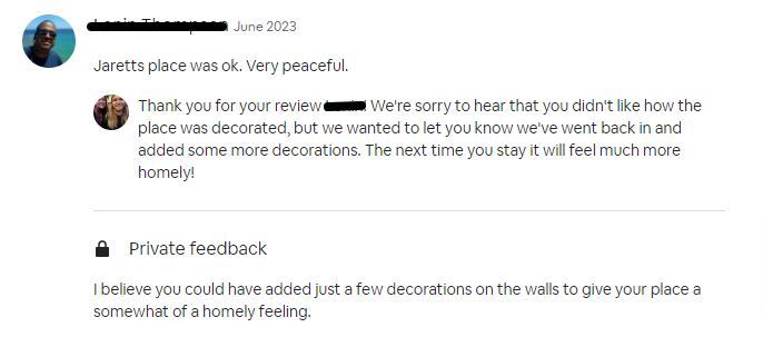 screenshot showing a very helpful Airbnb guest review