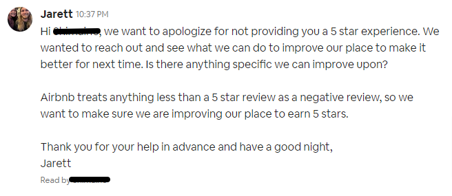 screenshot showing how to ask for feedback after receiving a negative Airbnb review