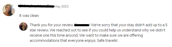 screenshot showing how we responded to a 4-star Airbnb review