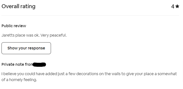 4 star Airbnb review explaining how we could improve our property