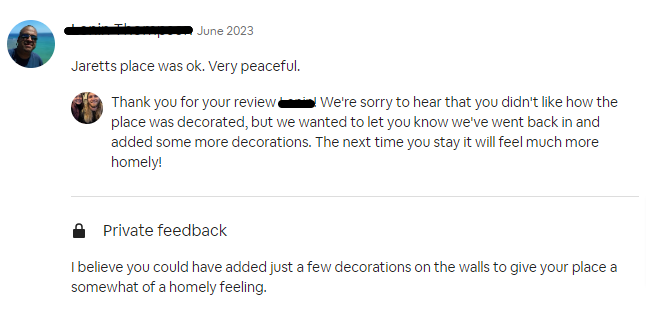 screenshot showing feedback a guest left us in their 4-star review of our Airbnb